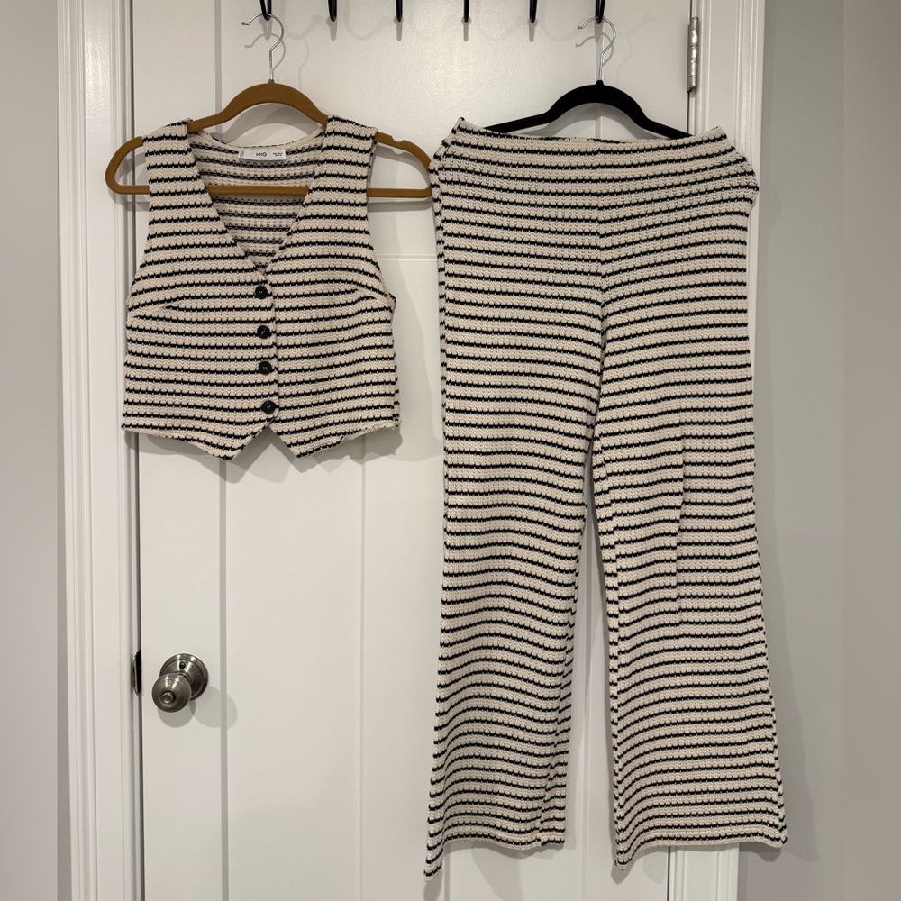 Mango Black and White Striped Wide Leg Pants & Vest Set